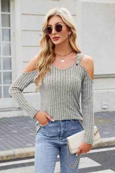 Ribbed Cold Shoulder Long Sleeve Top - Bona Fide Fashion