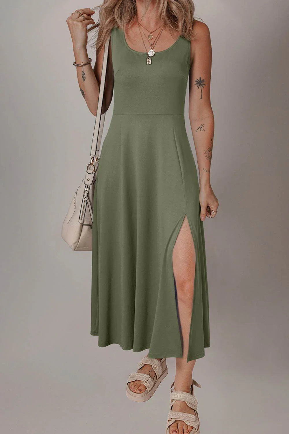 Side Slit Scoop Neck Wide Strap Dress - Bona Fide Fashion