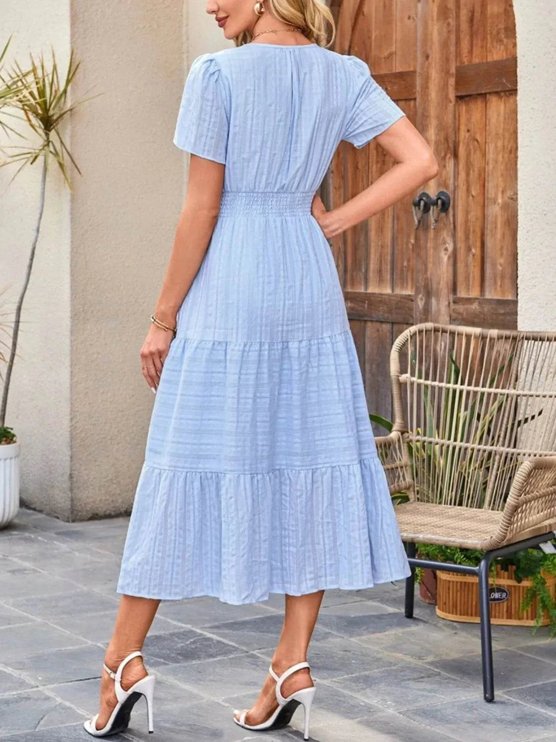 Tiered Notched Short Sleeve Dress - Bona Fide Fashion