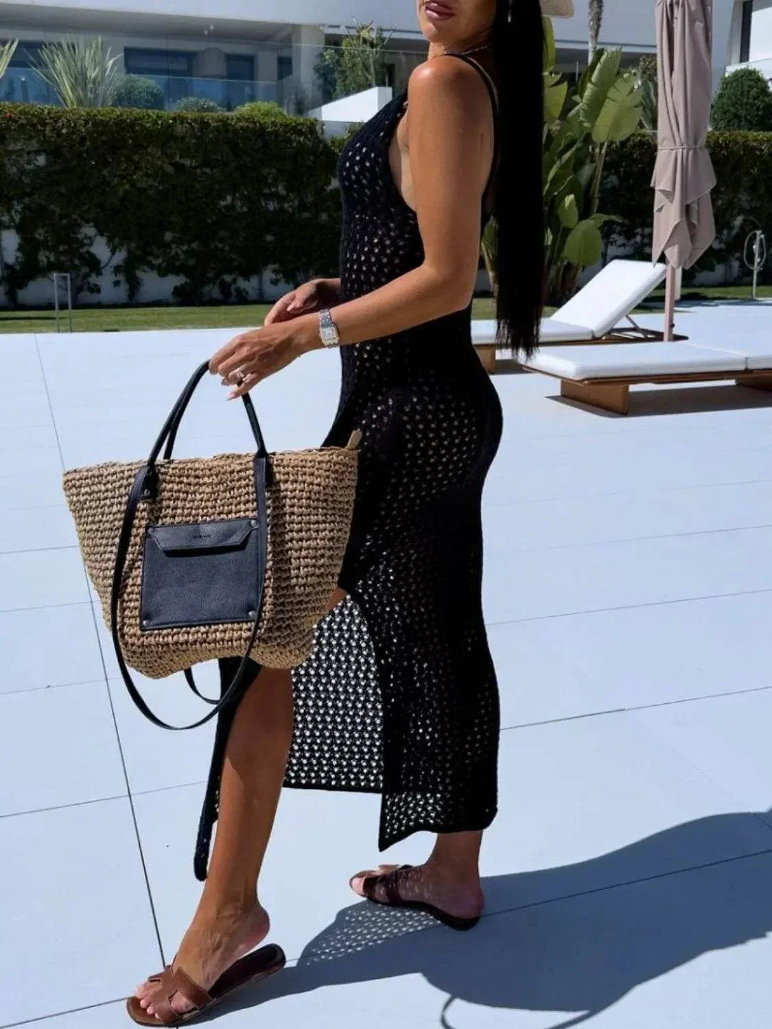 Openwork Slit Scoop Neck Sweater Dress - Bona Fide Fashion