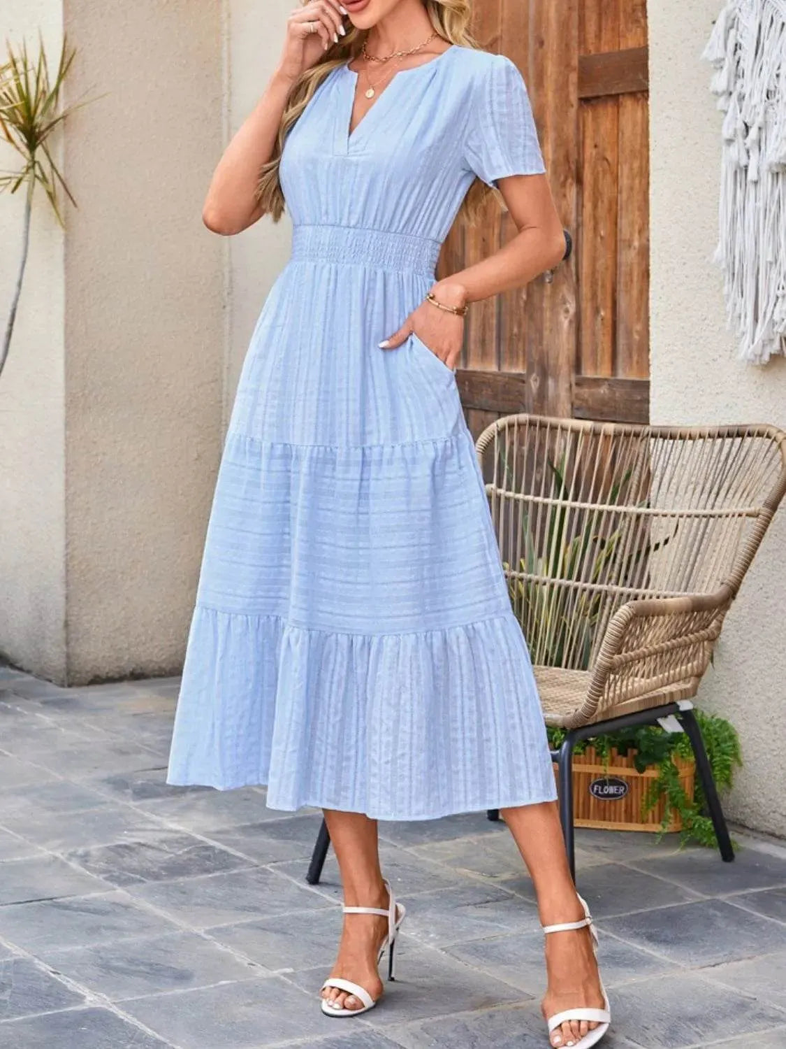 Tiered Notched Short Sleeve Dress - Bona Fide Fashion