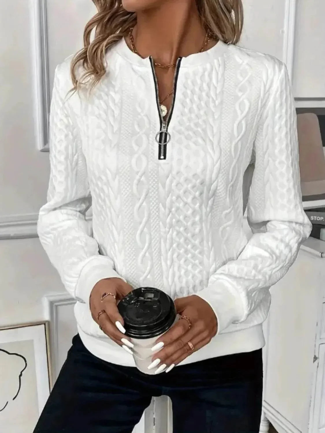 Texture Half Zip Long Sleeve Sweatshirt - Bona Fide Fashion