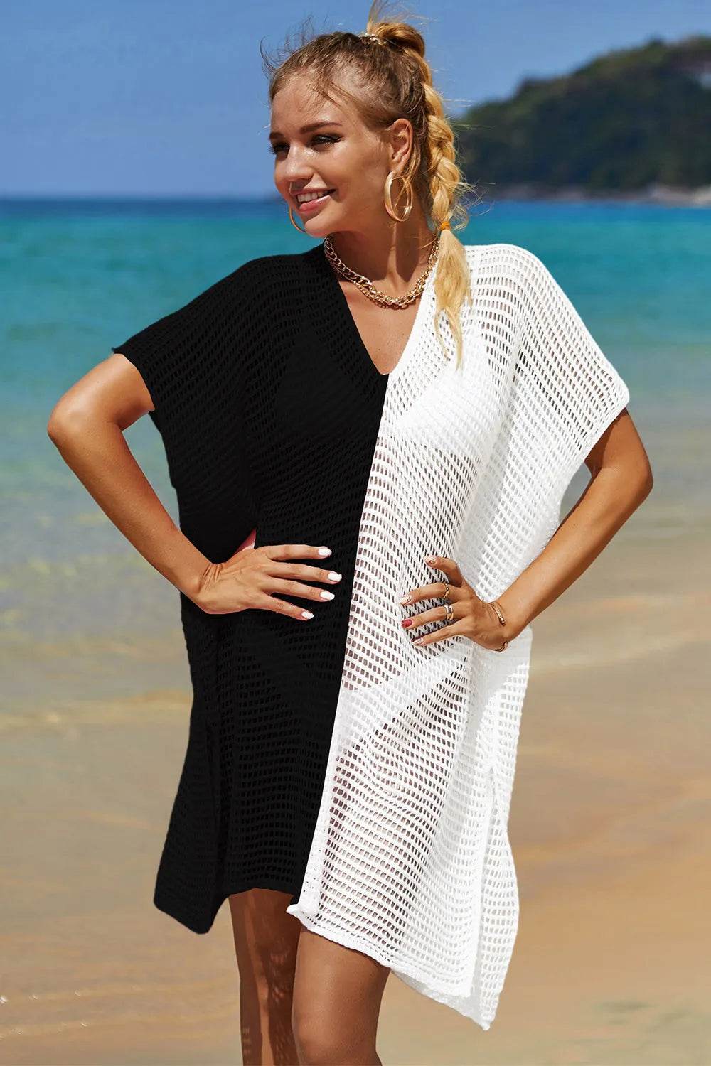 Angel Wings Openwork Contrast Slit Knit Cover Up - Bona Fide Fashion