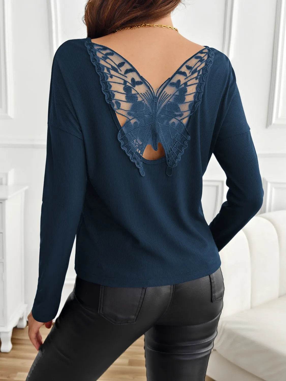 Lace Detail Butterfly Back Round Neck Long Sleeve T-Shirt - Bona Fide Fashion