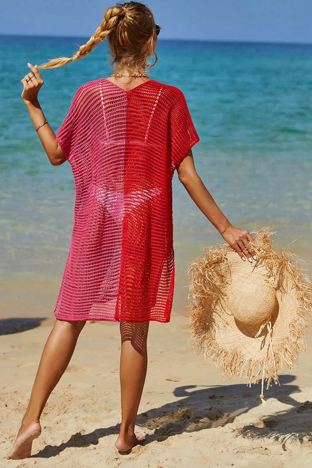 Angel Wings Openwork Contrast Slit Knit Cover Up - Bona Fide Fashion