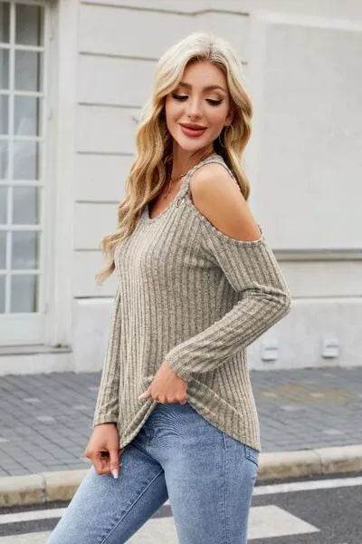 Ribbed Cold Shoulder Long Sleeve Top - Bona Fide Fashion