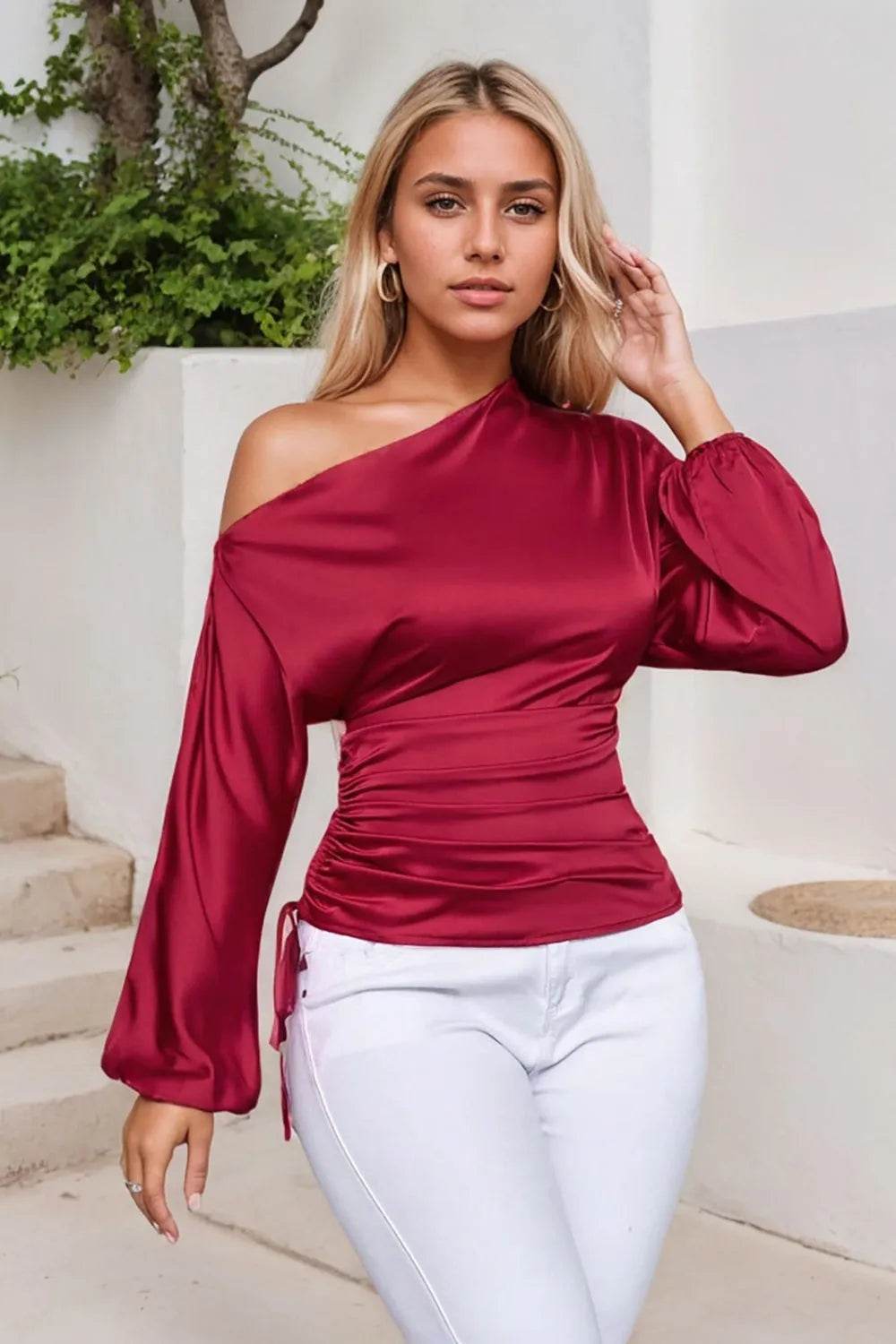 Drawstring One Shoulder Long Sleeve Blouse - Bona Fide Fashion