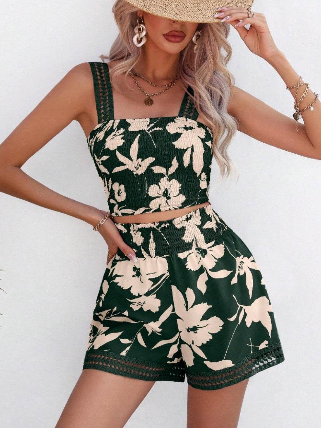 Smocked Printed Square Neck Top and Shorts Set - Bona Fide Fashion