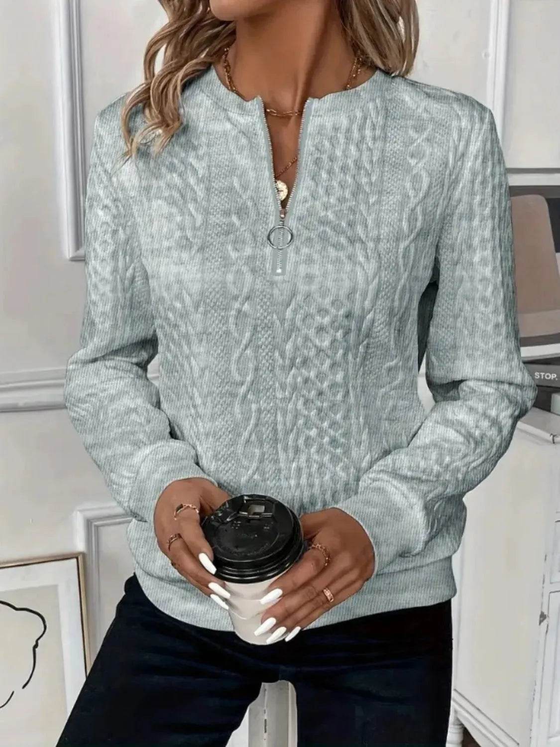 Texture Half Zip Long Sleeve Sweatshirt - Bona Fide Fashion