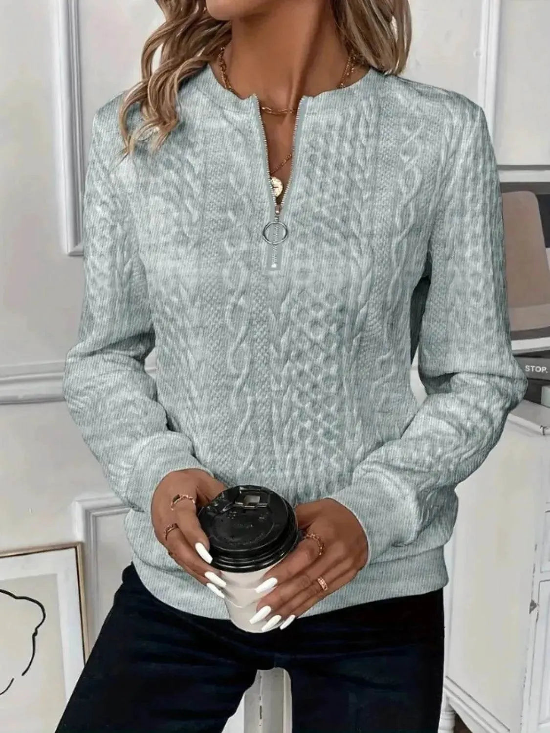 Texture Half Zip Long Sleeve Sweatshirt - Bona Fide Fashion