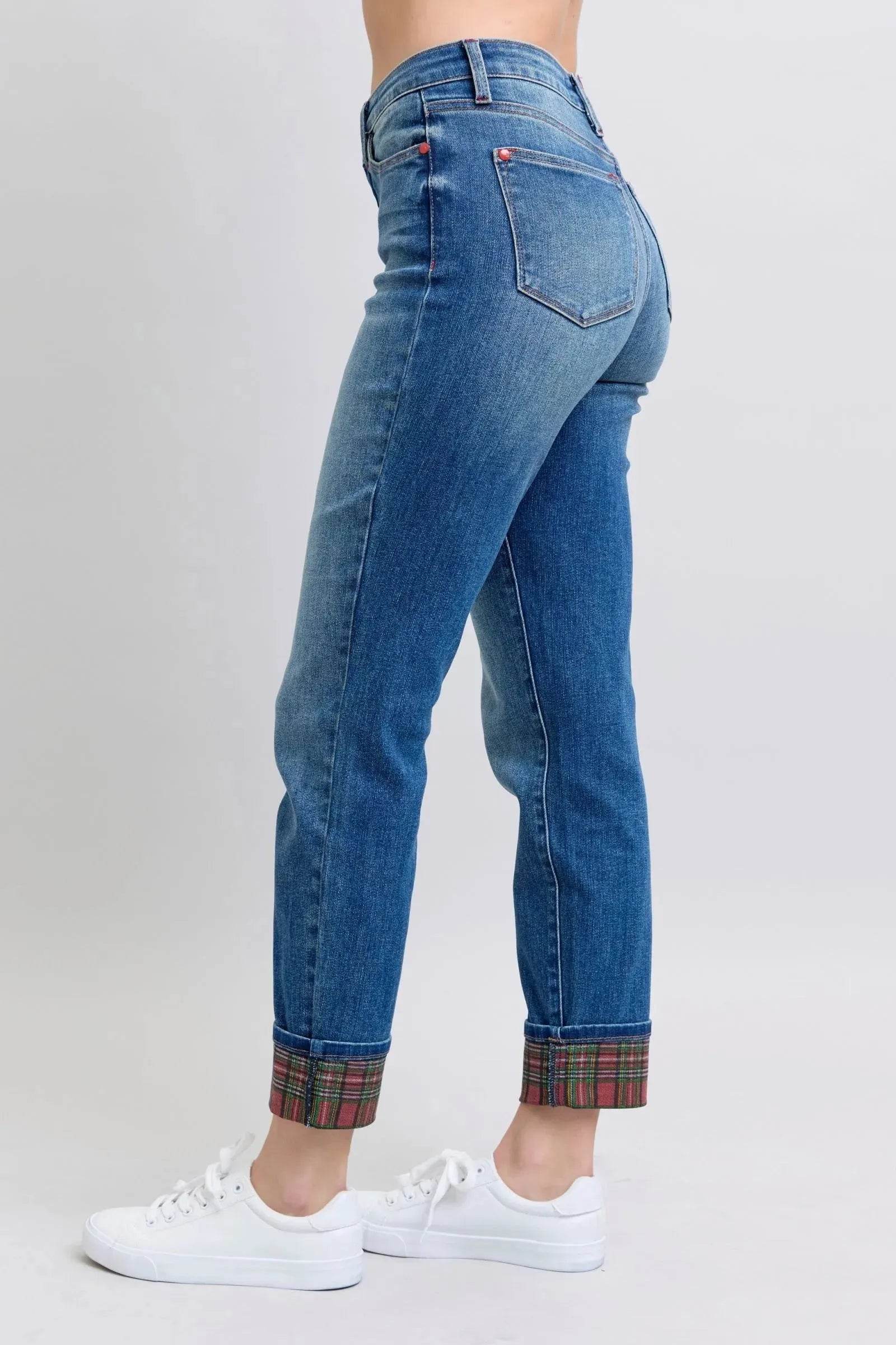 Judy Blue Full Size Plaid Print Cuff Straight Leg Jeans with Pockets - Bona Fide Fashion