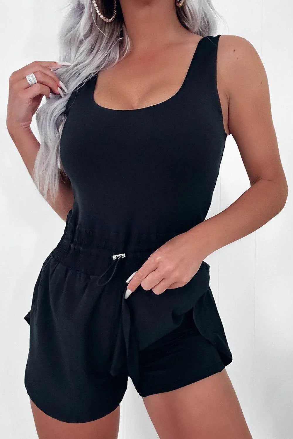 Drawstring Waist Scoop Neck Romper - Bona Fide Fashion