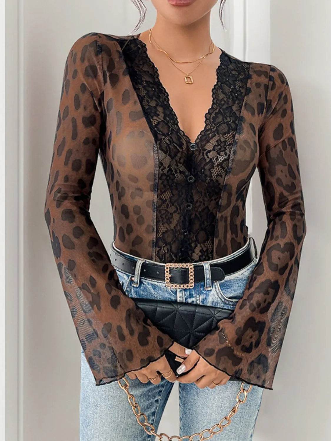 Perfee Leopard V-Neck Lace Bodysuit - Bona Fide Fashion