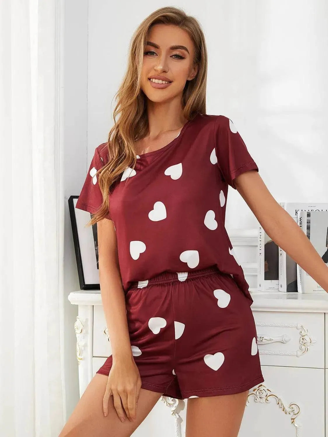 Heart Round Neck and Shorts Lounge Set - Bona Fide Fashion