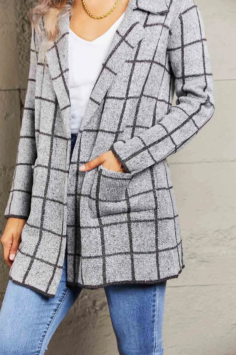 Printed Open Front Lapel Collar Cardigan with Pockets - Bona Fide Fashion