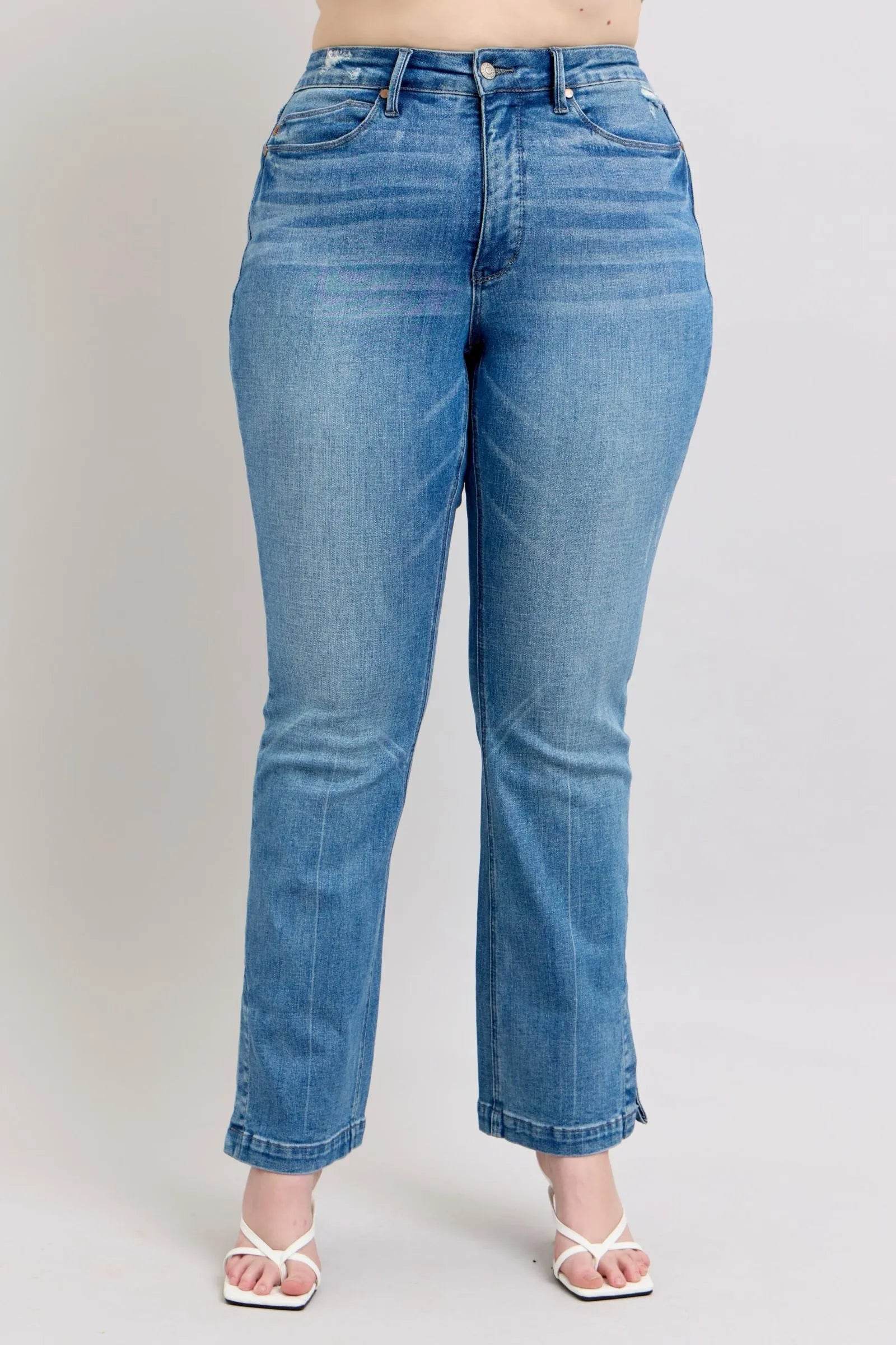Judy Blue HW Tummy Control Vintage Wash Side Slit Slim Boot Jeans - Bona Fide Fashion