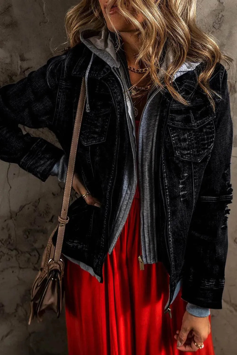 Fake Two-Piece Hooded Zip-Up Denim Jacket - Bona Fide Fashion