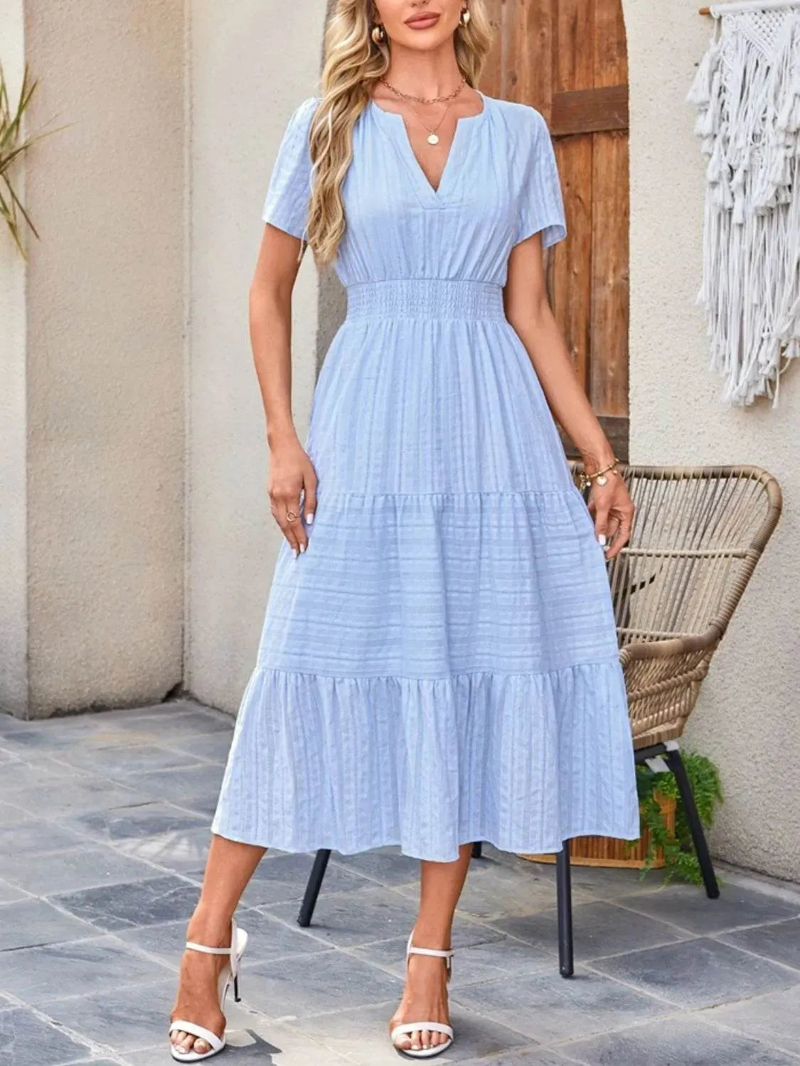 Tiered Notched Short Sleeve Dress - Bona Fide Fashion