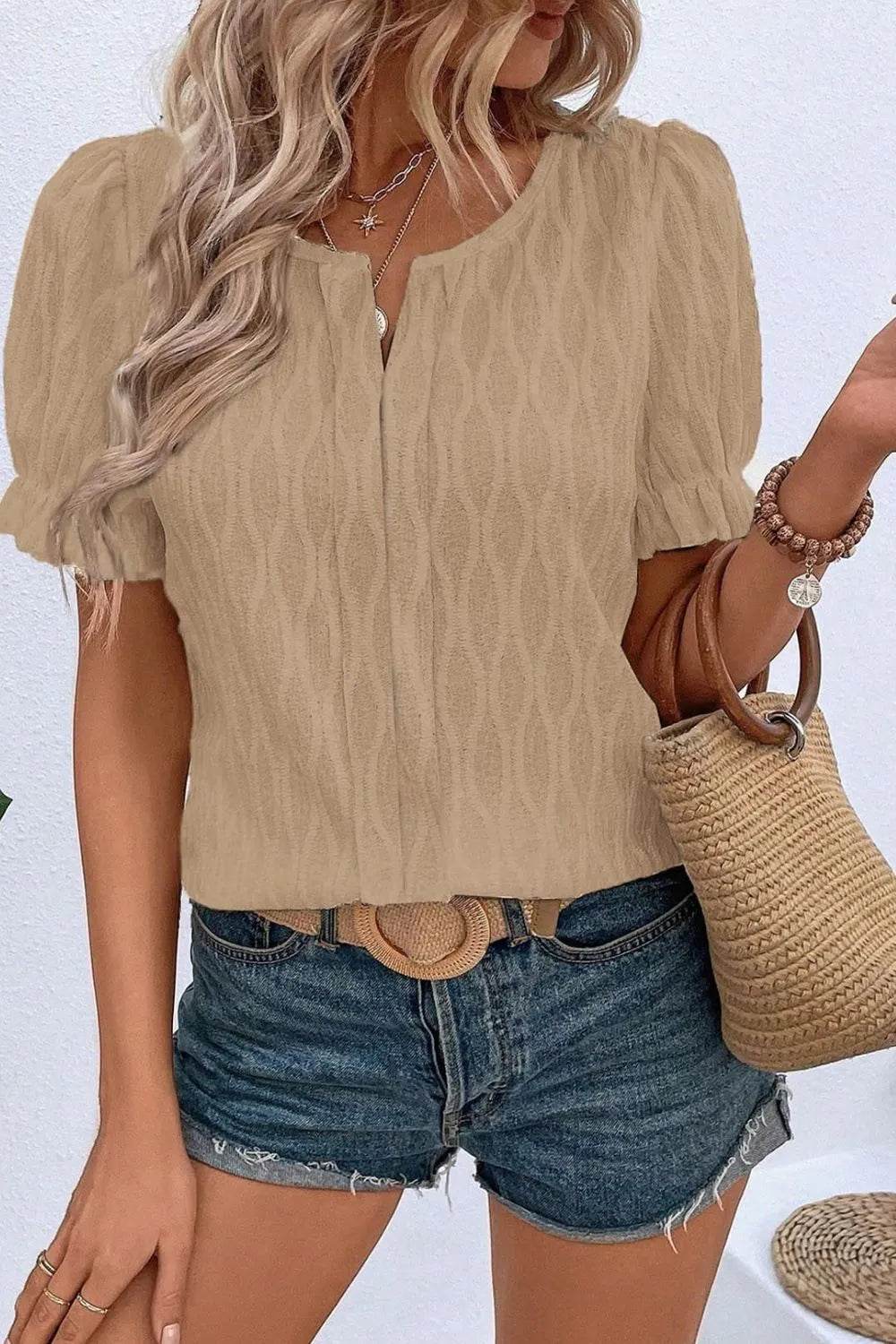 Texture Notched Short Sleeve Blouse - Bona Fide Fashion