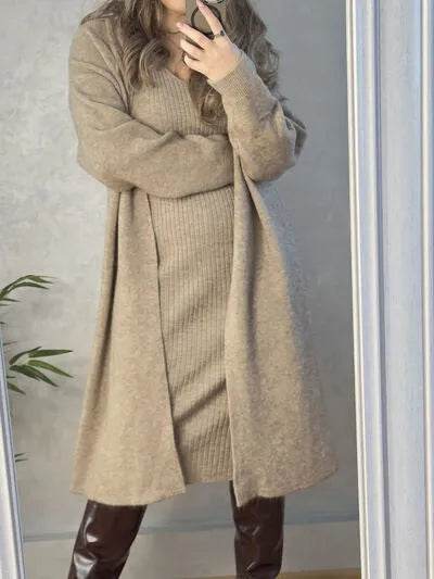 V-Neck Cami Dress and Open Front Cardigan Sweater Set - Bona Fide Fashion