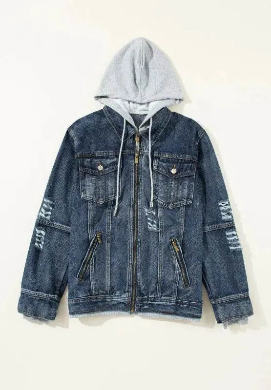 Fake Two-Piece Hooded Zip-Up Denim Jacket - Bona Fide Fashion