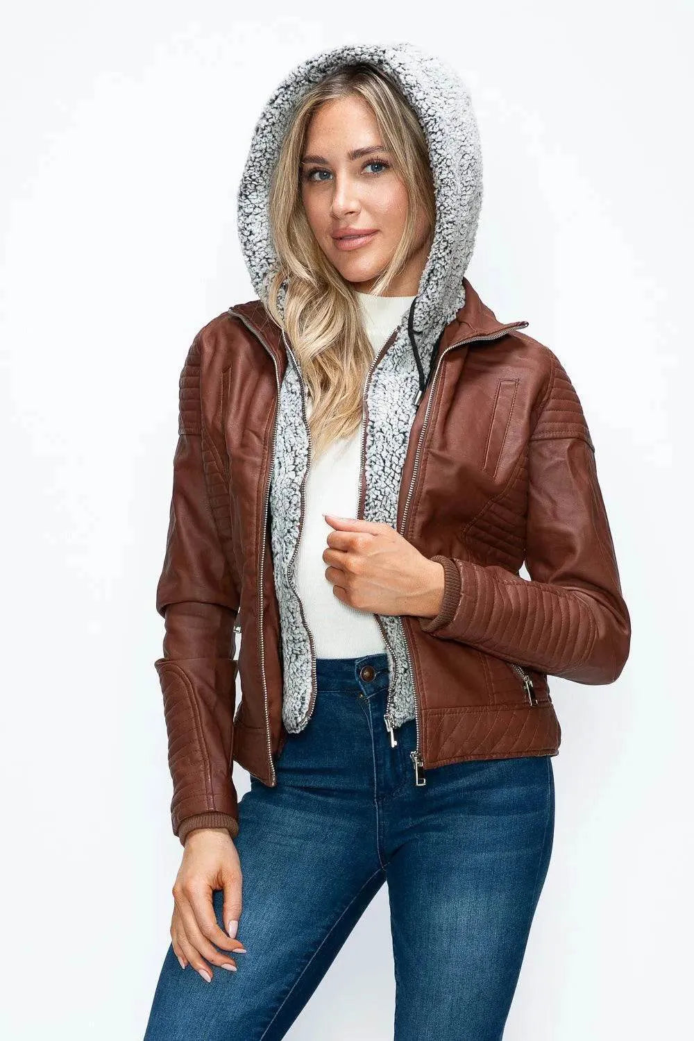 YMI Faux Layered Double-Zipper Jacket with Fuzzy Hood - Bona Fide Fashion