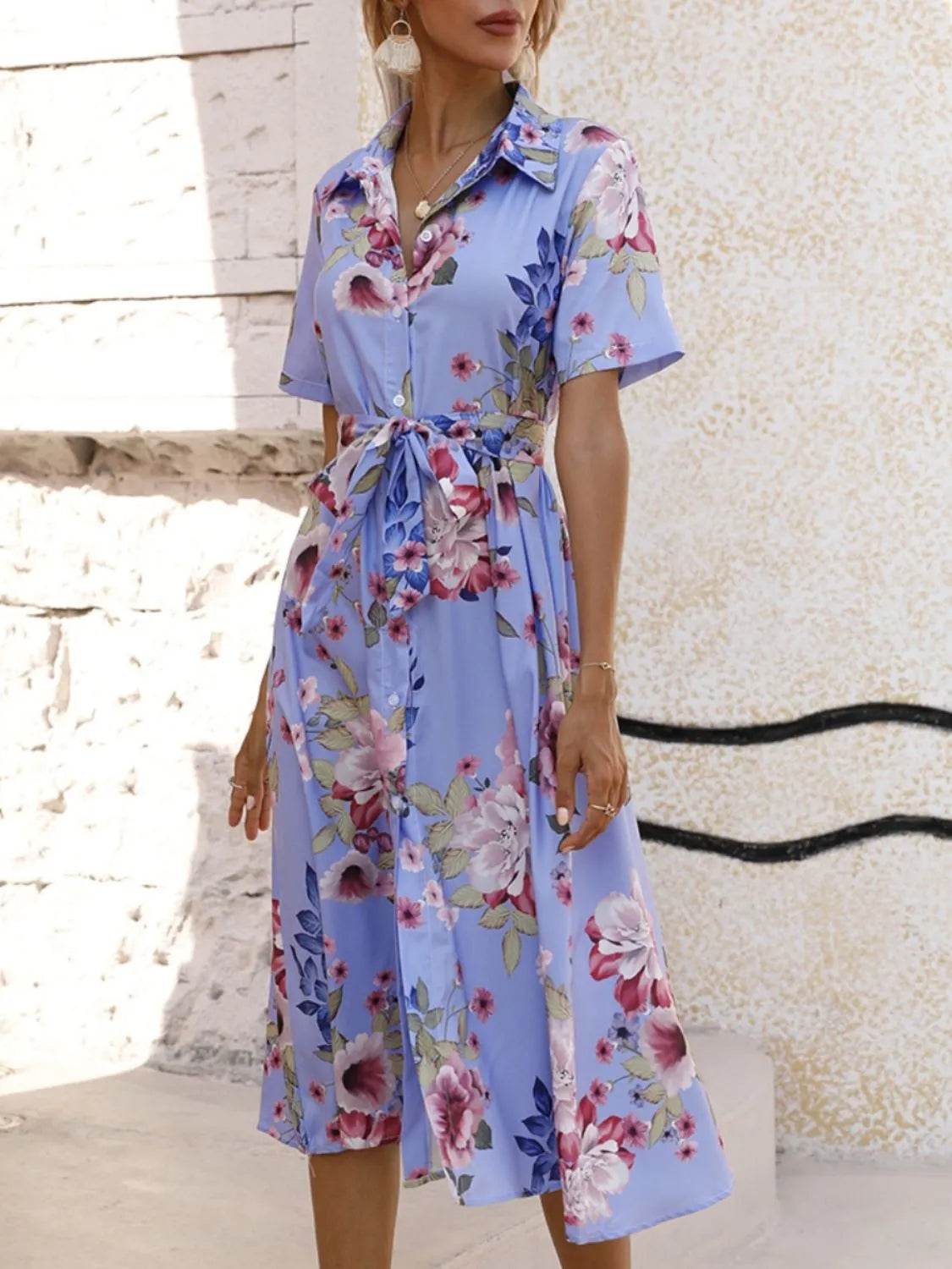 Printed Tie Waist Short Sleeve Midi Shirt Dress - Bona Fide Fashion