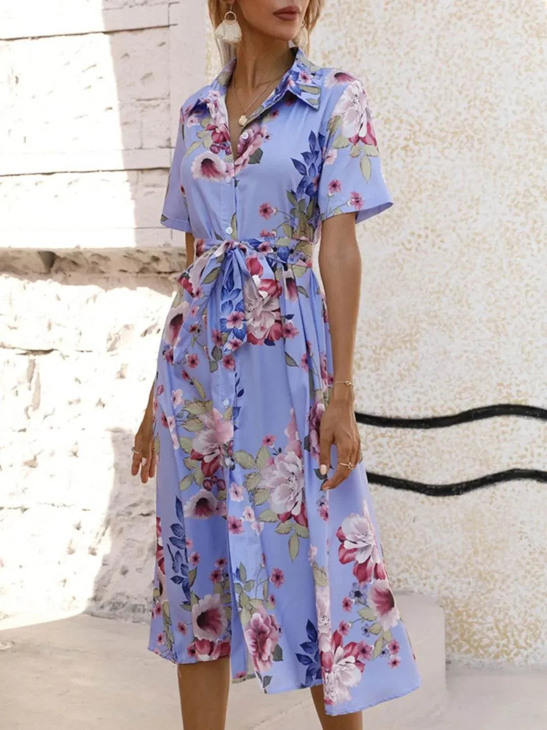 Printed Tie Waist Short Sleeve Midi Shirt Dress - Bona Fide Fashion