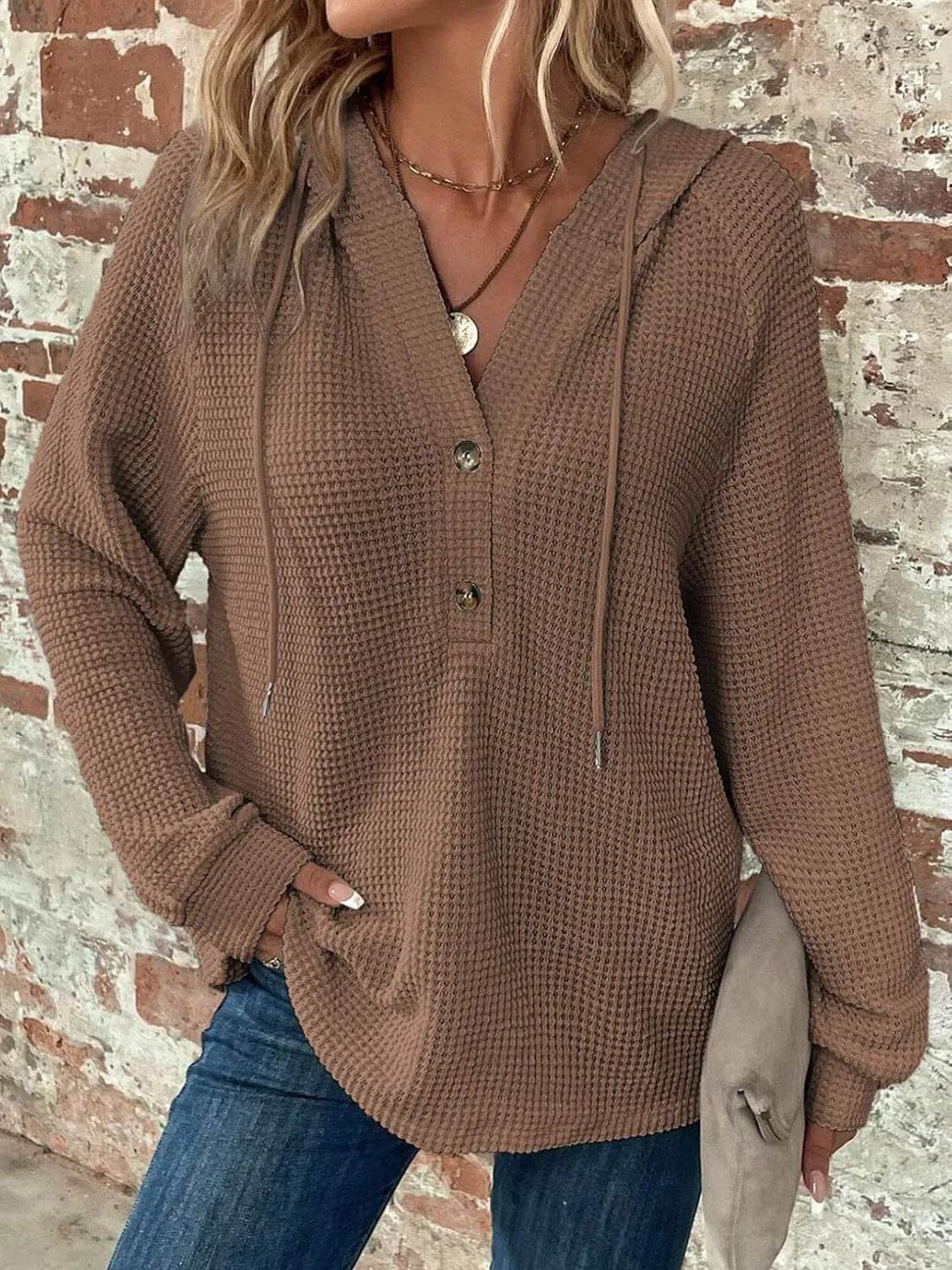 Waffle Knit Long Sleeve Drawstring Hooded Top - Bona Fide Fashion