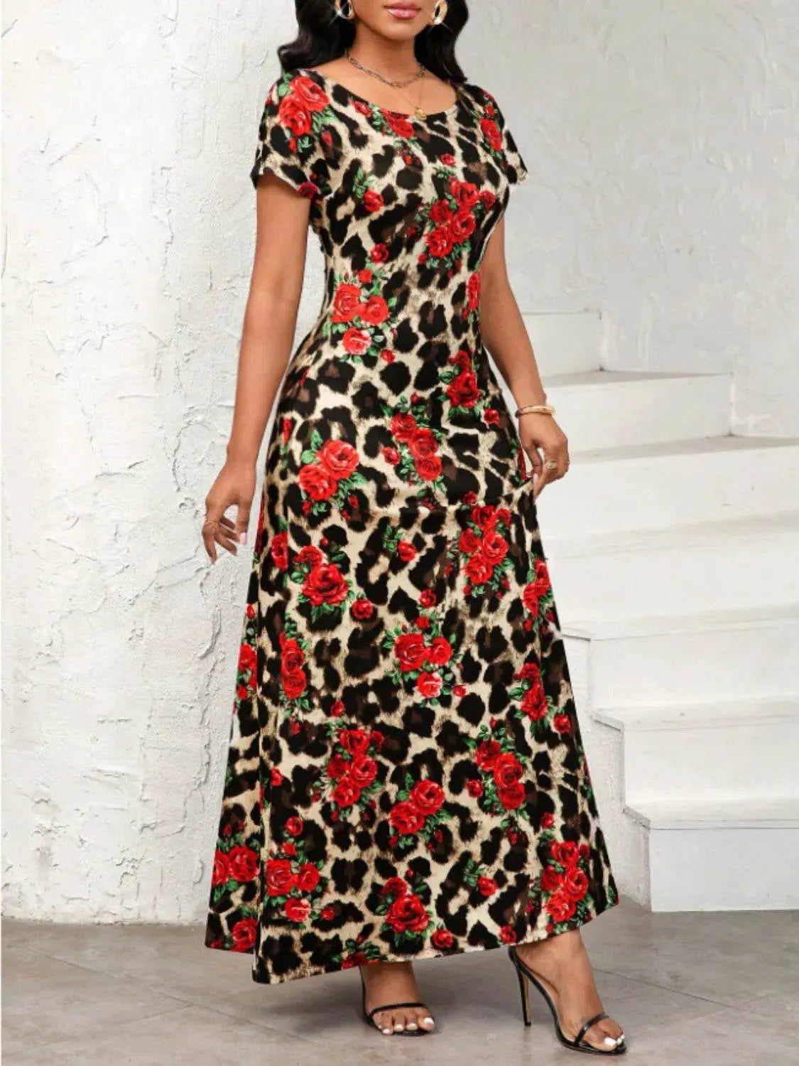 Printed Round Neck Short Sleeve Maxi Tee Dress - Bona Fide Fashion