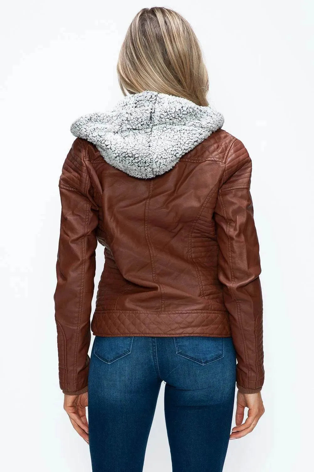 YMI Faux Layered Double-Zipper Jacket with Fuzzy Hood - Bona Fide Fashion