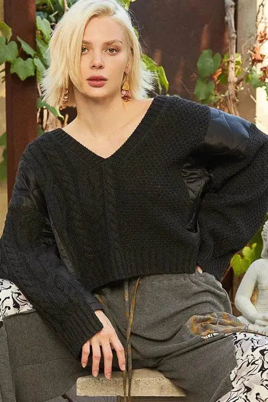 POL Cable Knit Quilting Patch V-Neck Sweater - Bona Fide Fashion
