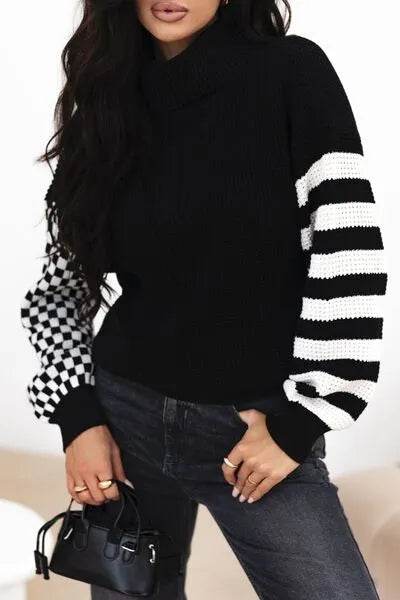 Striped & Checkered Turtleneck Dropped Shoulder Sweater - Bona Fide Fashion