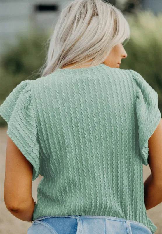 Textured Round Neck Flounce Sleeve Blouse - Bona Fide Fashion