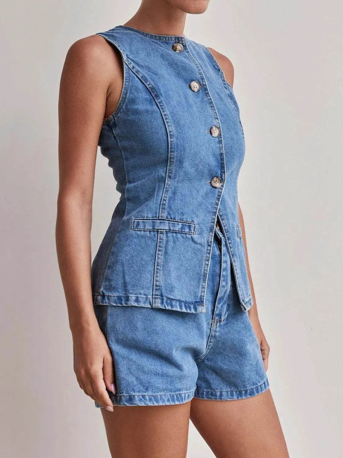 Button Down Vest and Shorts Denim Set - Bona Fide Fashion