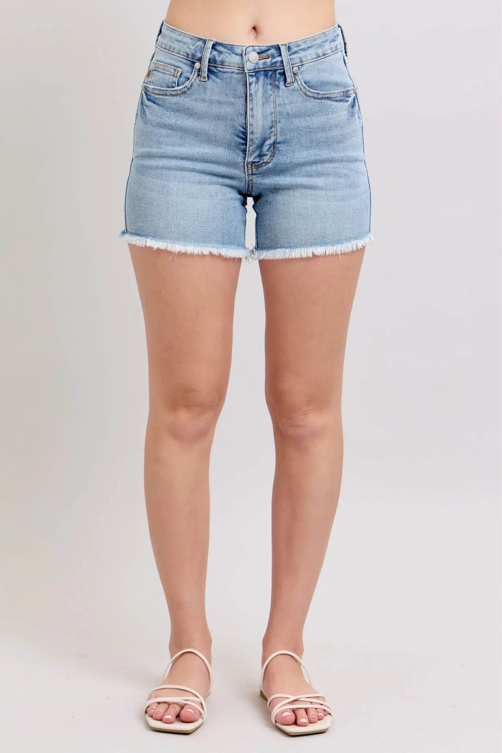 Judy Blue Full Size Tummy Control Raw Hem Denim Shorts Plus Size - Bona Fide Fashion