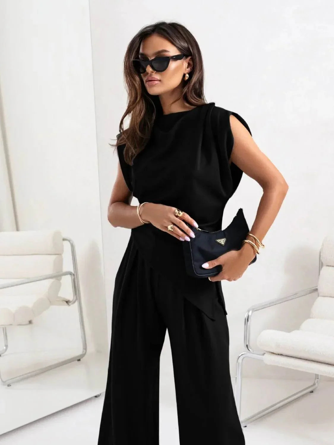 Slit Ruched Top and Wide Leg Pants Set - Bona Fide Fashion