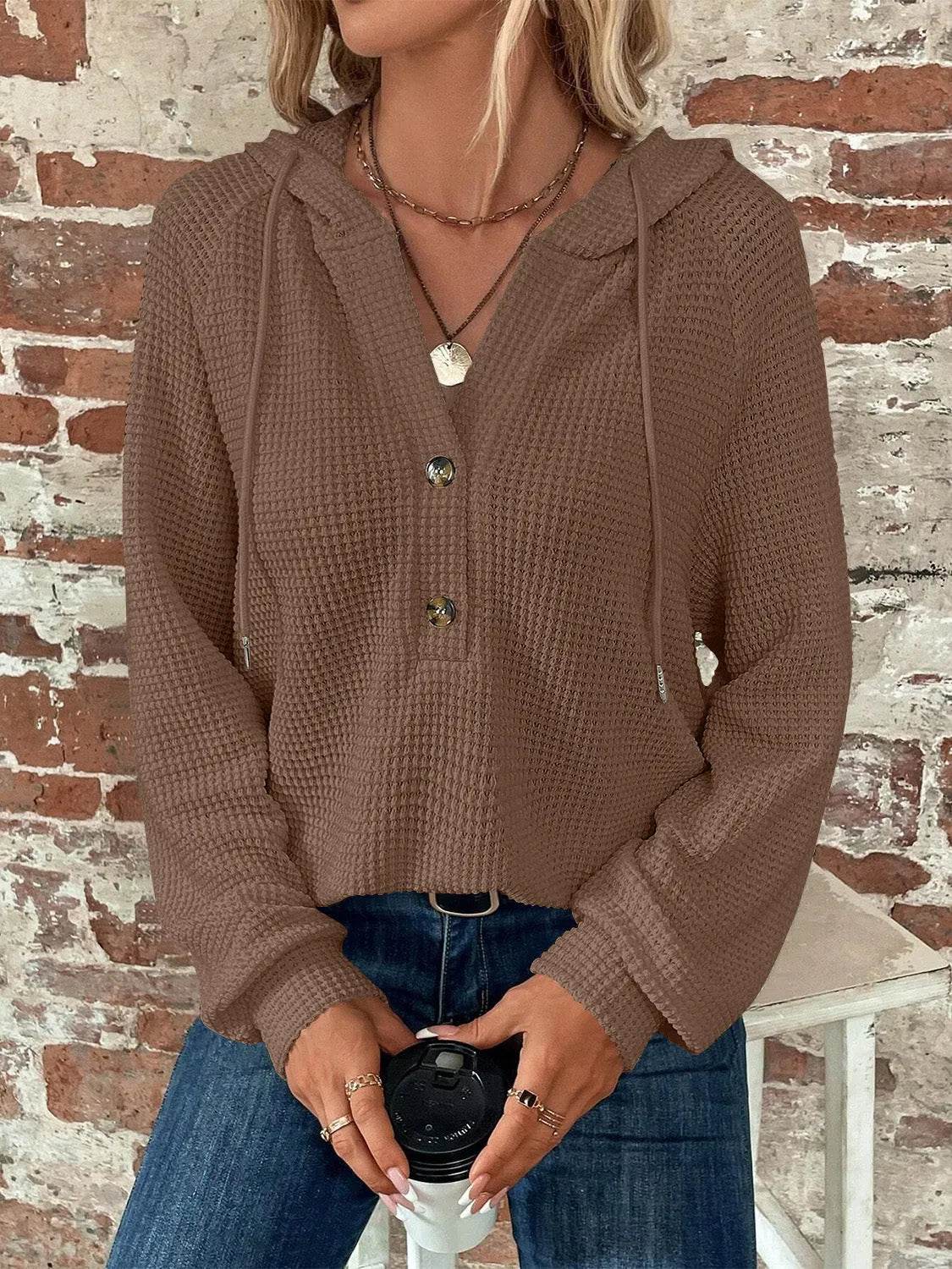 Waffle Knit Long Sleeve Drawstring Hooded Top - Bona Fide Fashion