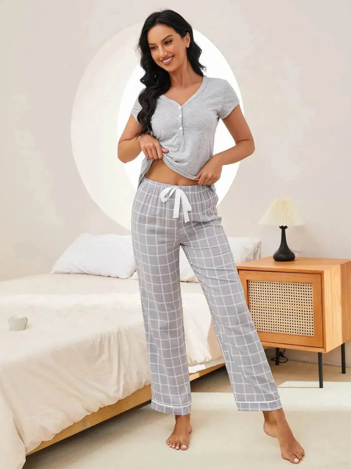 V-Neck Short Sleeve and Pants Lounge Set - Bona Fide Fashion