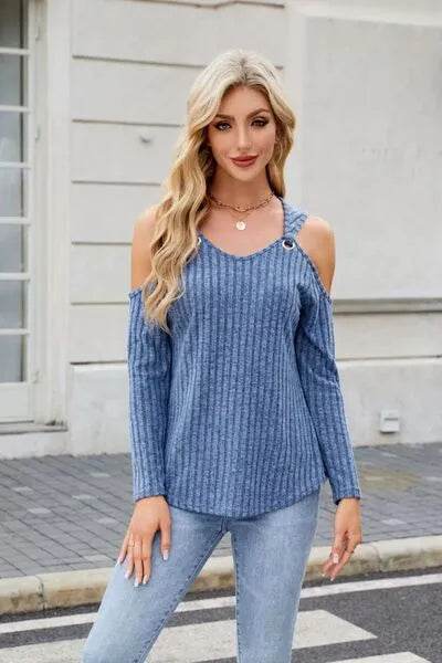 Ribbed Cold Shoulder Long Sleeve Top - Bona Fide Fashion