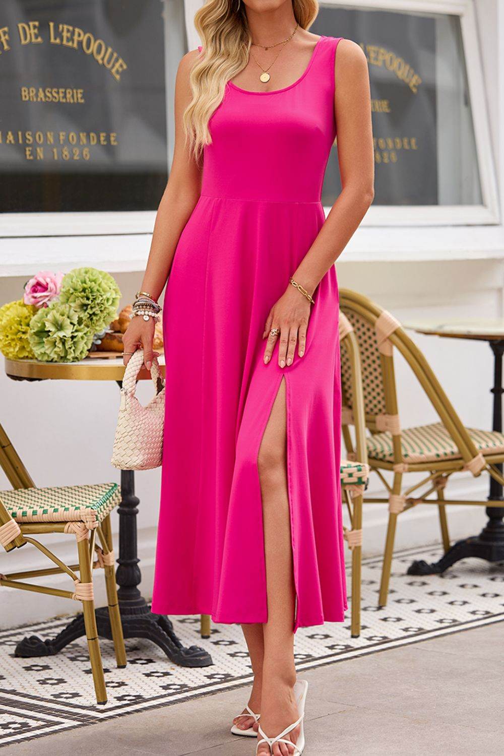 Side Slit Scoop Neck Wide Strap Dress - Bona Fide Fashion
