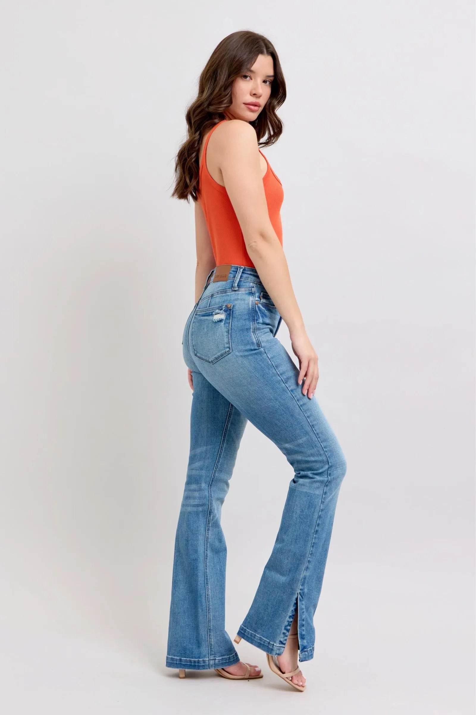 Judy Blue HW Tummy Control Vintage Wash Side Slit Slim Boot Jeans - Bona Fide Fashion