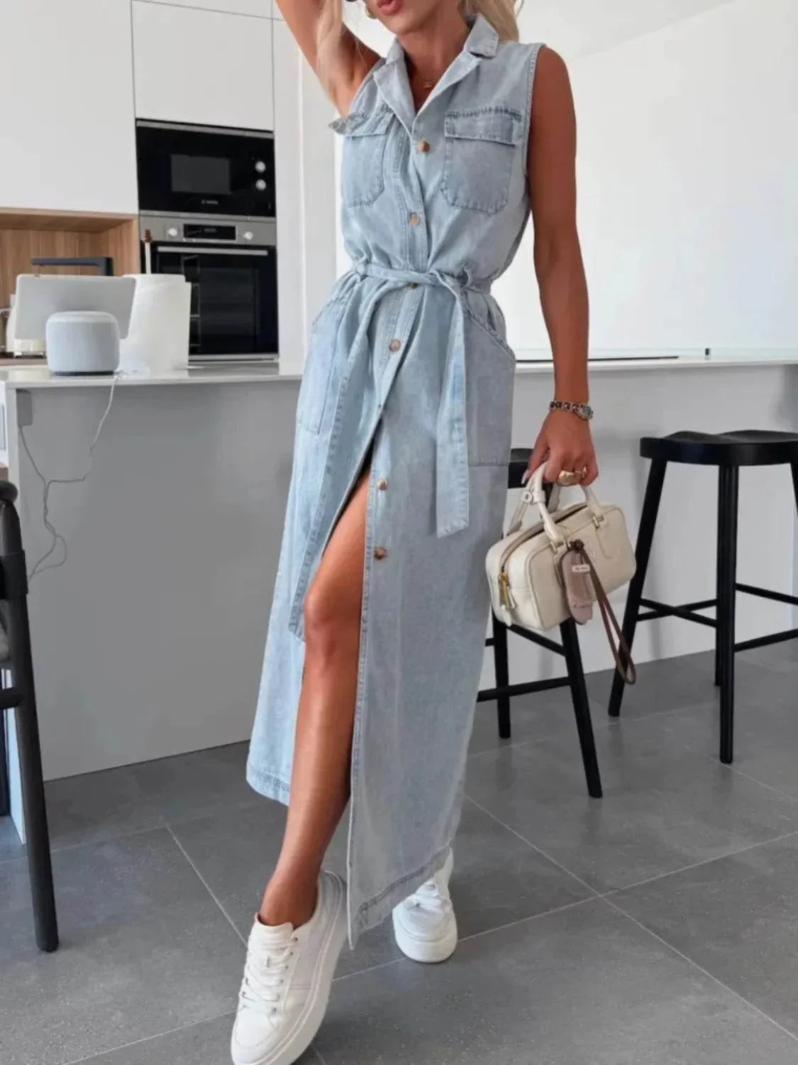 Button Front Sleeveless Denim Dress - Bona Fide Fashion