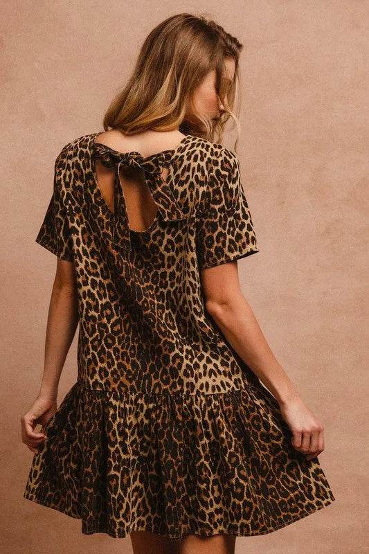 BiBi Tie Back Leopard Round Neck Short Sleeve Dress - Bona Fide Fashion