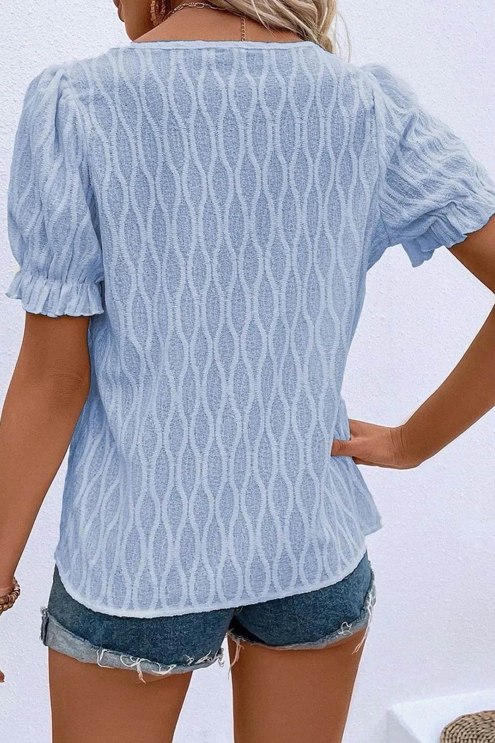 Texture Notched Short Sleeve Blouse - Bona Fide Fashion