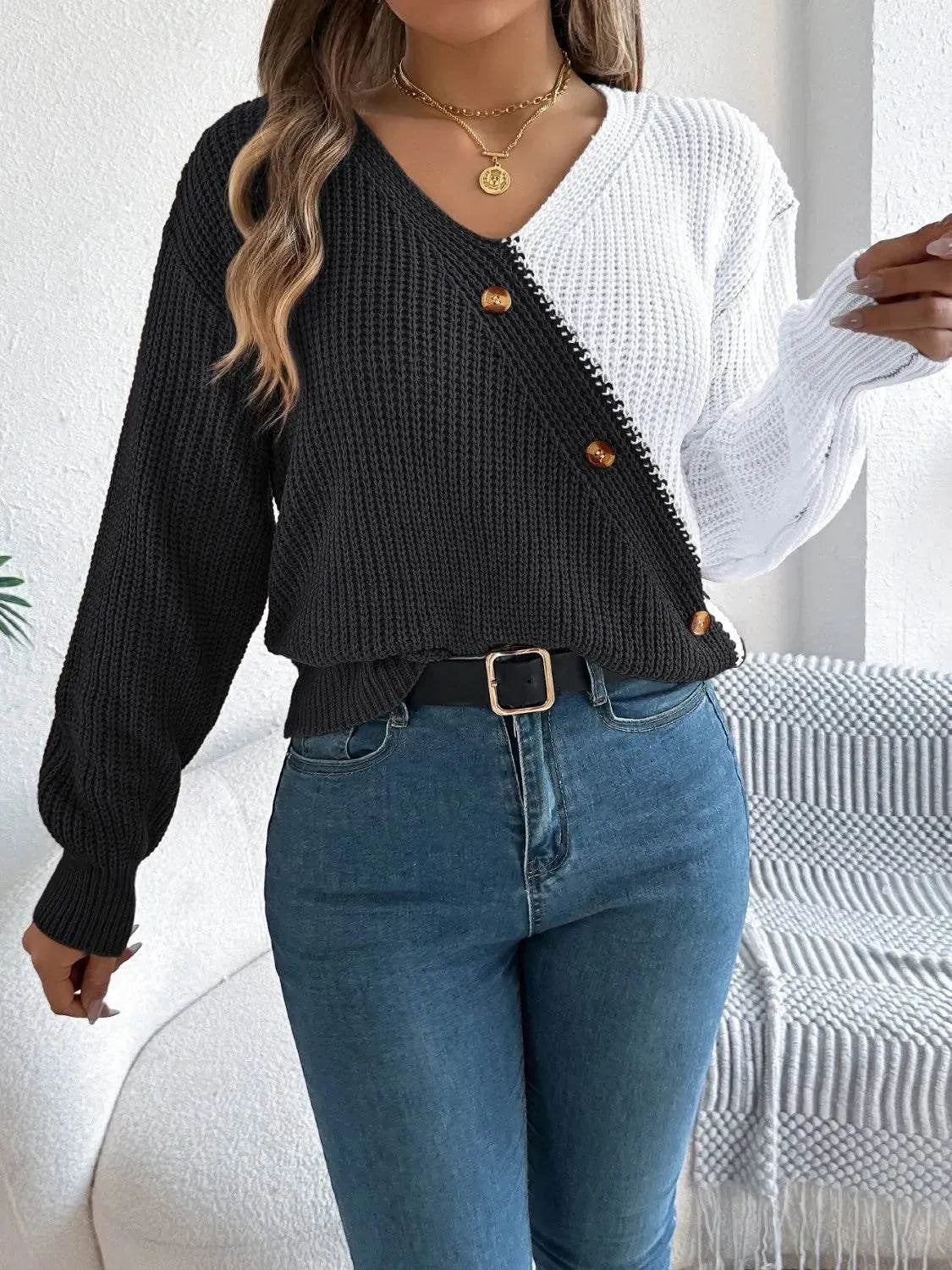 Two-Tone V-Neck Long Sleeve Sweater - Bona Fide Fashion
