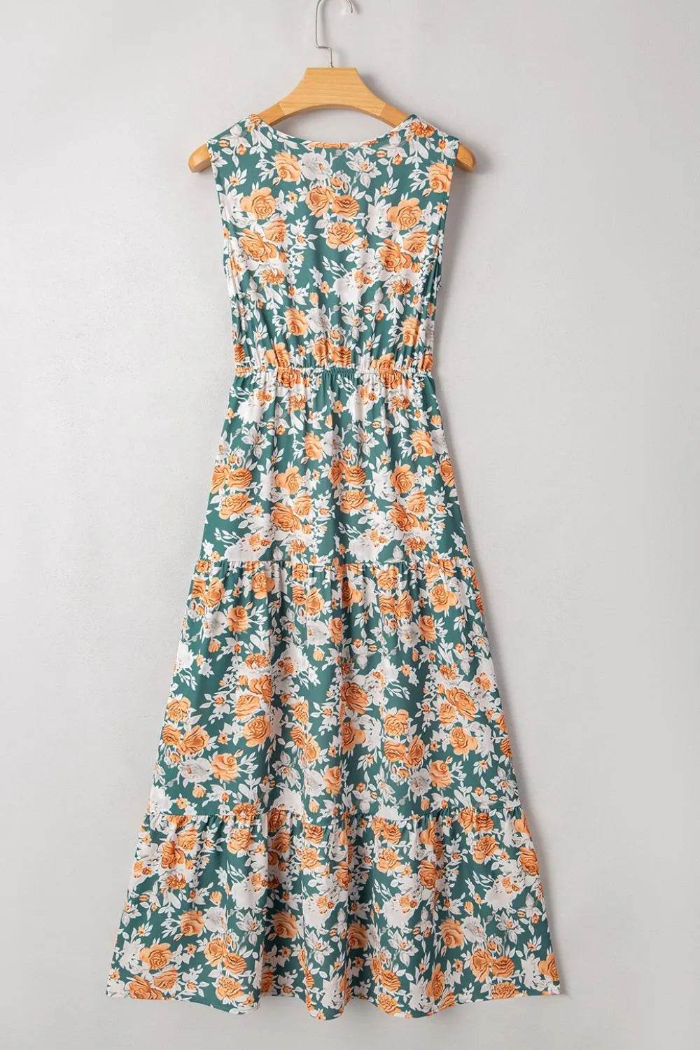 Floral Print Trimmed V Neck Tie Waist Sleeveless Dress - Bona Fide Fashion