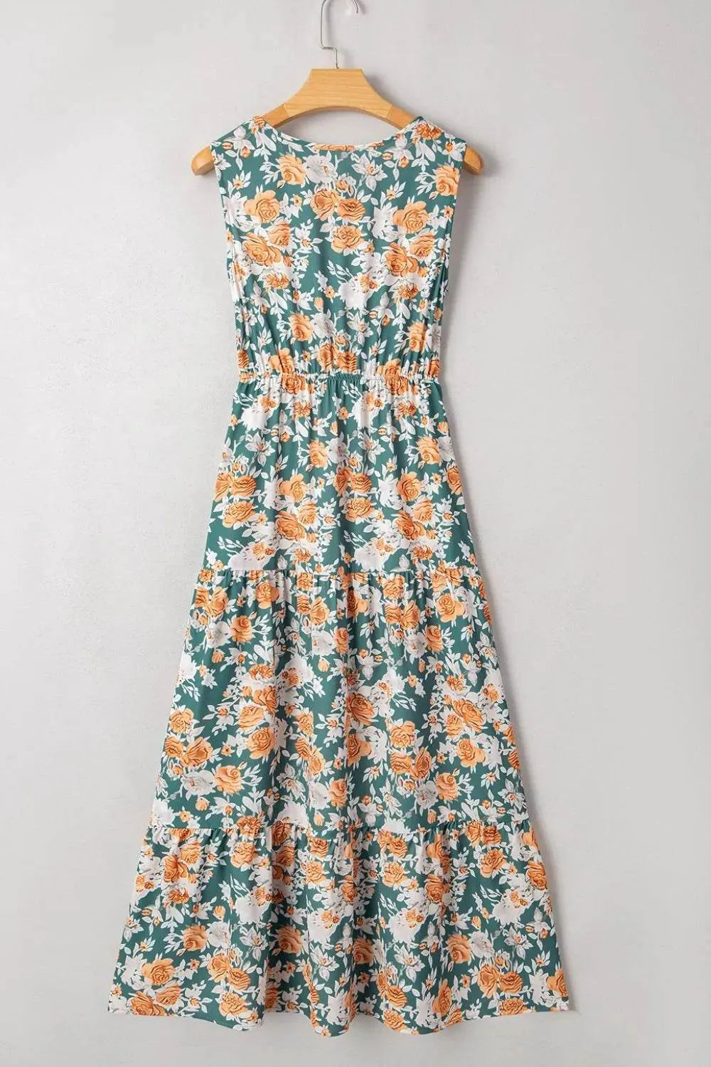 Floral Print Trimmed V Neck Tie Waist Sleeveless Dress - Bona Fide Fashion