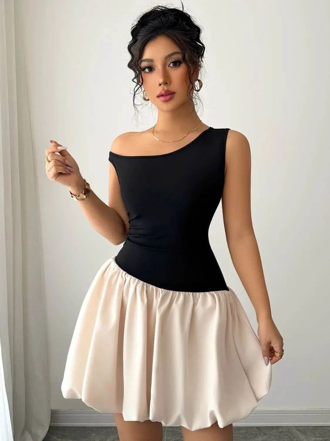 Contrast Single Shoulder Mini Tank Dress - Bona Fide Fashion