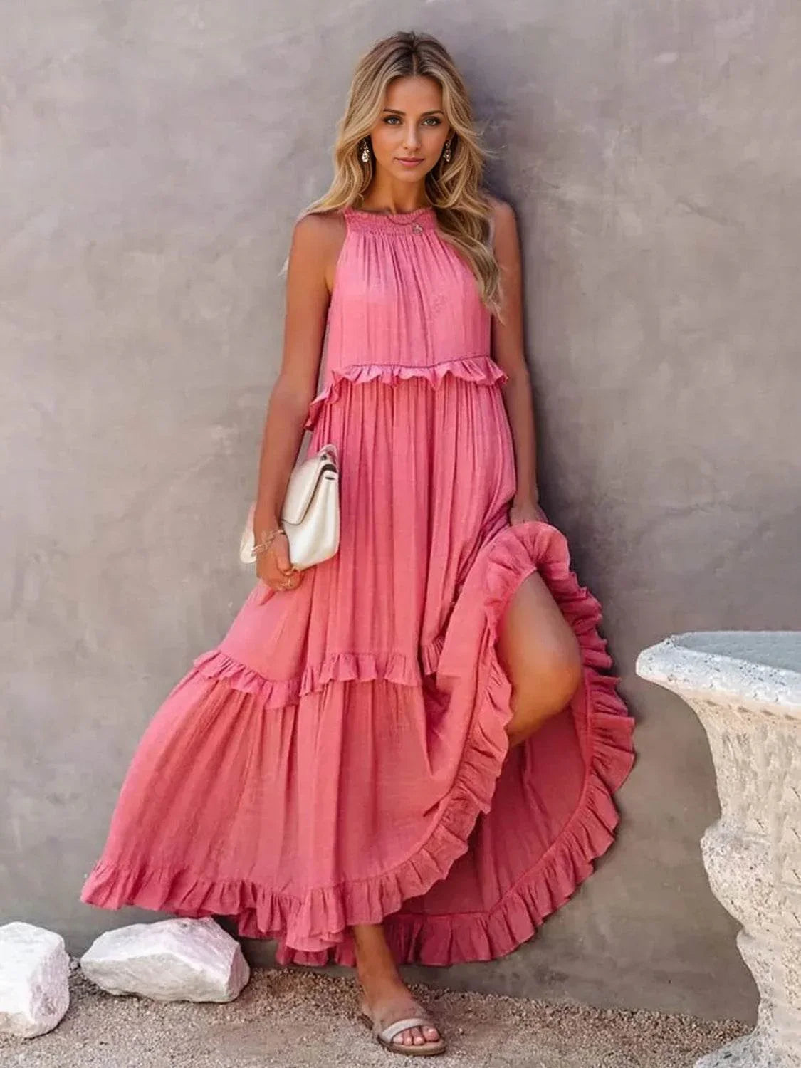 Ruffled Sleeveless Tiered Maxi Dress with Pockets - Bona Fide Fashion